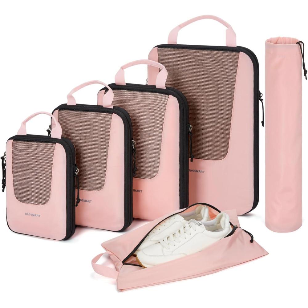 imageBAGSMART Compression Packing Cubes Travel Cubes for Packing 654 Set Suitcase Organizer Bags Set Lightweight Packing OrganizersBBaby Pink