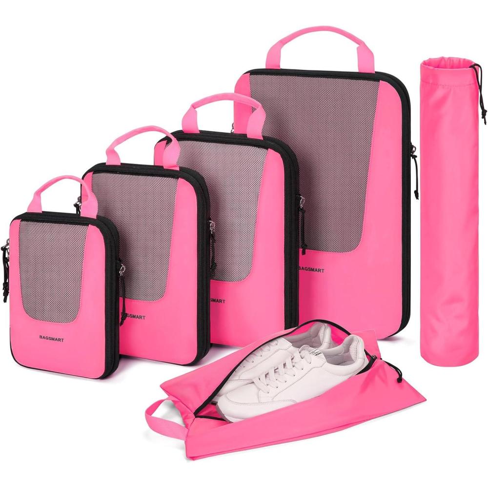 imageBAGSMART Compression Packing Cubes Travel Cubes for Packing 654 Set Suitcase Organizer Bags Set Lightweight Packing OrganizersMBarbie Powder