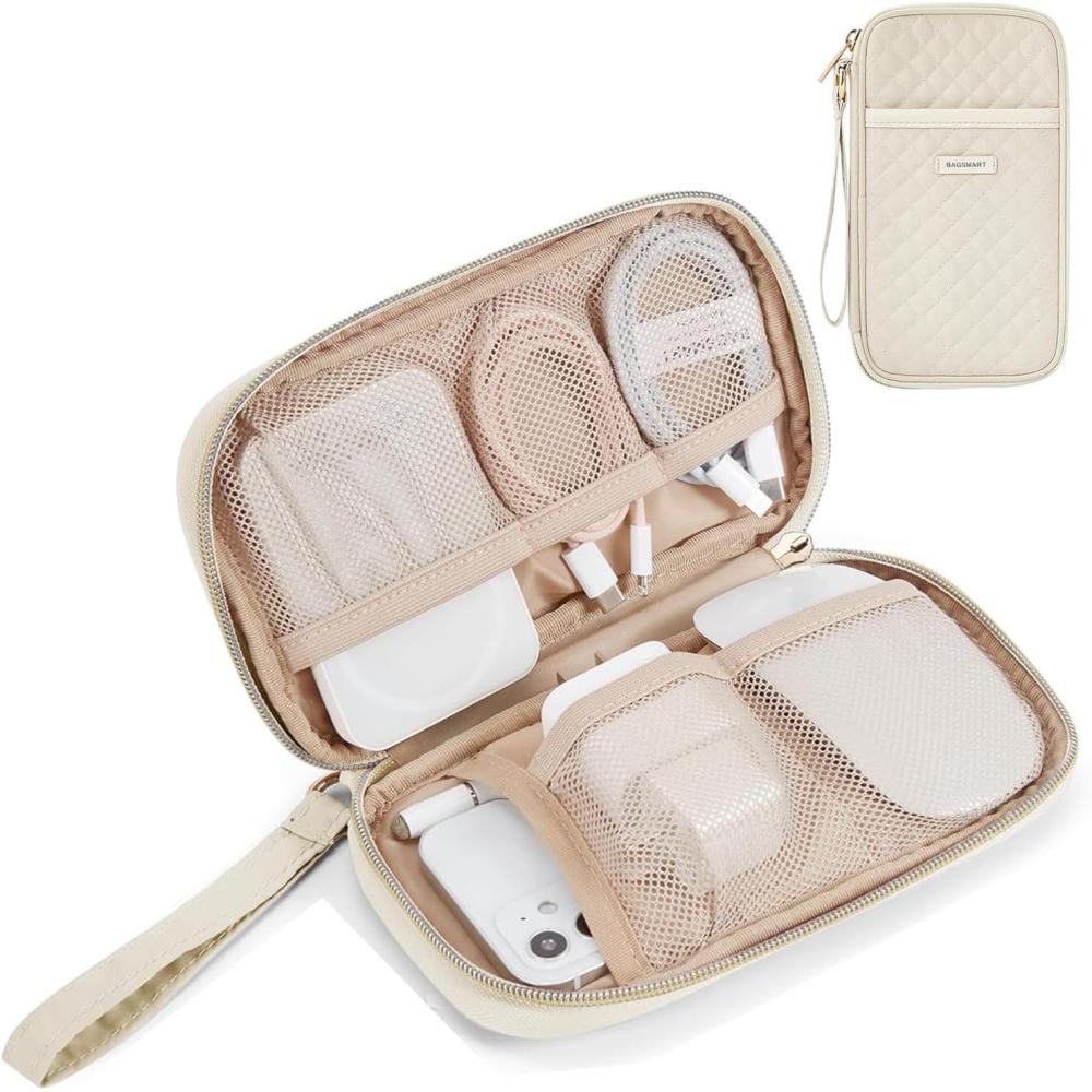 imageBAGSMART Cord Organizer Travel Cable Organizer Bag Tech Electronic Organizer Travel Case Travel Essentials for Charger Cable Phone Flash drive Single Layer  BeigeSingle Layer Quilted Beige