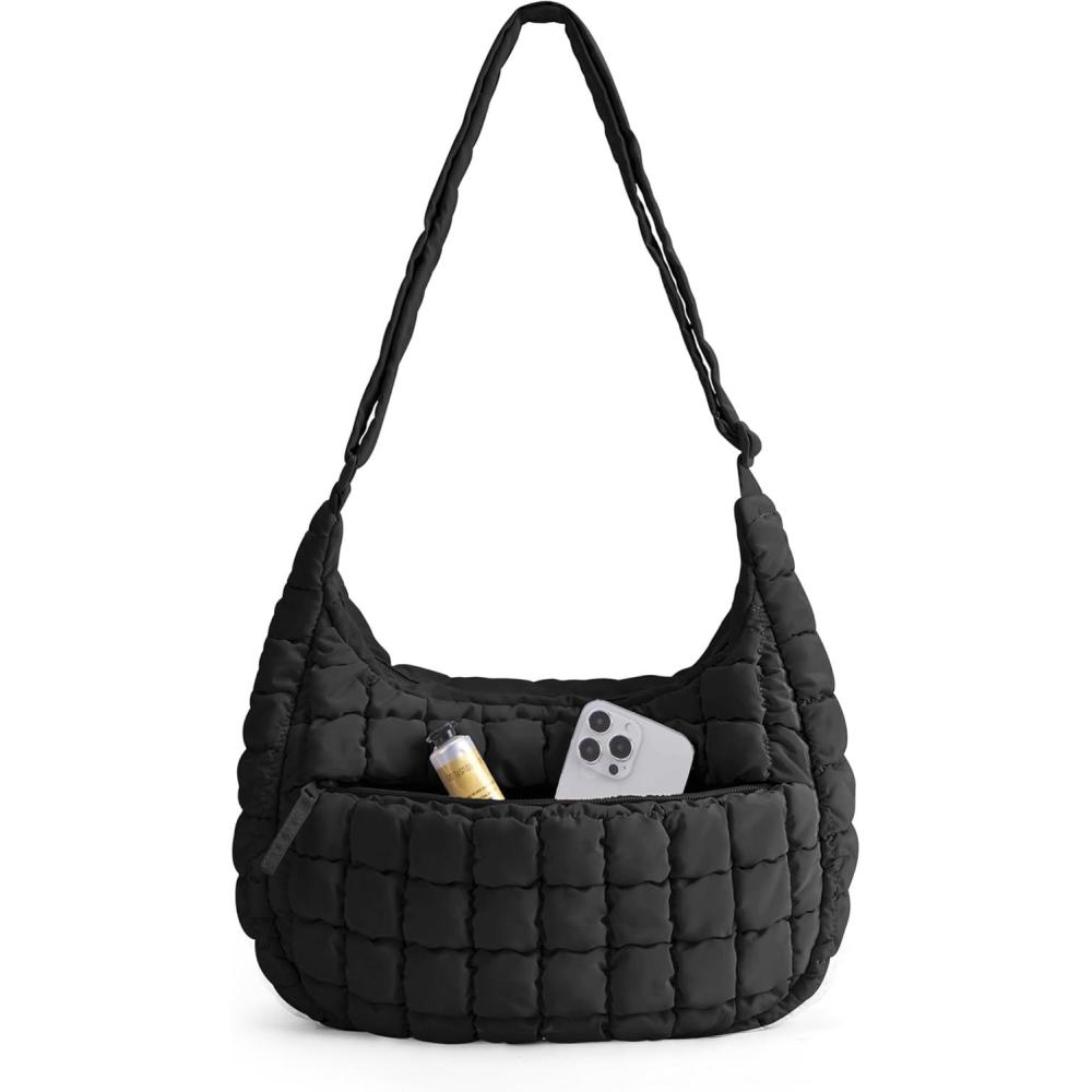 imageBAGSMART Crossbody Hobo Bag for Women with Adjustable Strap Quilted Puffy Purses for Women Fluffy Compact Shoulder HandbagAjet Black