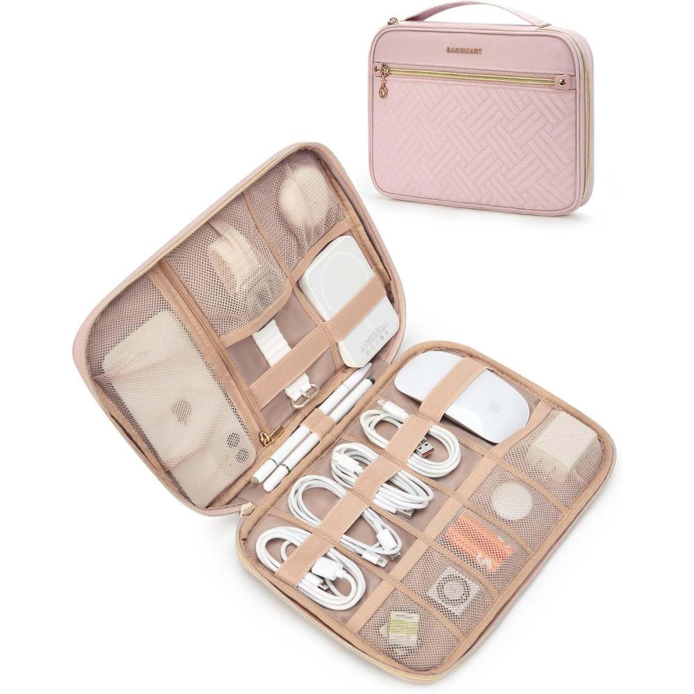 imageBAGSMART Electronics Travel Organizer Portable Tech Accessories Cord Storage Case for Charging Cables BlackSingle LayerPink