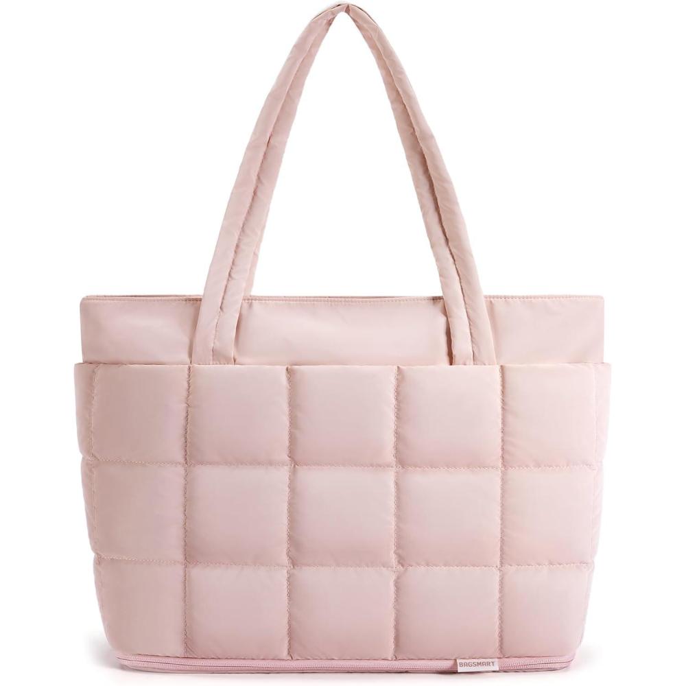 imageBAGSMART Expandable Tote Bag for Women Zippered Puffer Design with WaterResistant Quilted Nurse and CarryOn Travel Bag Pink
