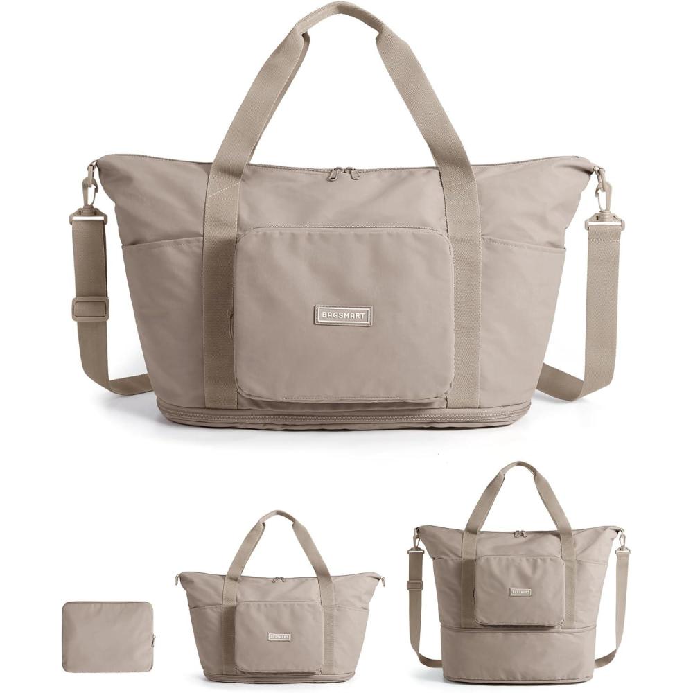 imageBAGSMART Foldable Travel Bag 37L Duffle Bag for Travel Expendable Carry on Weekender Duffel Lightweight Personal Item Bag CamelCamel