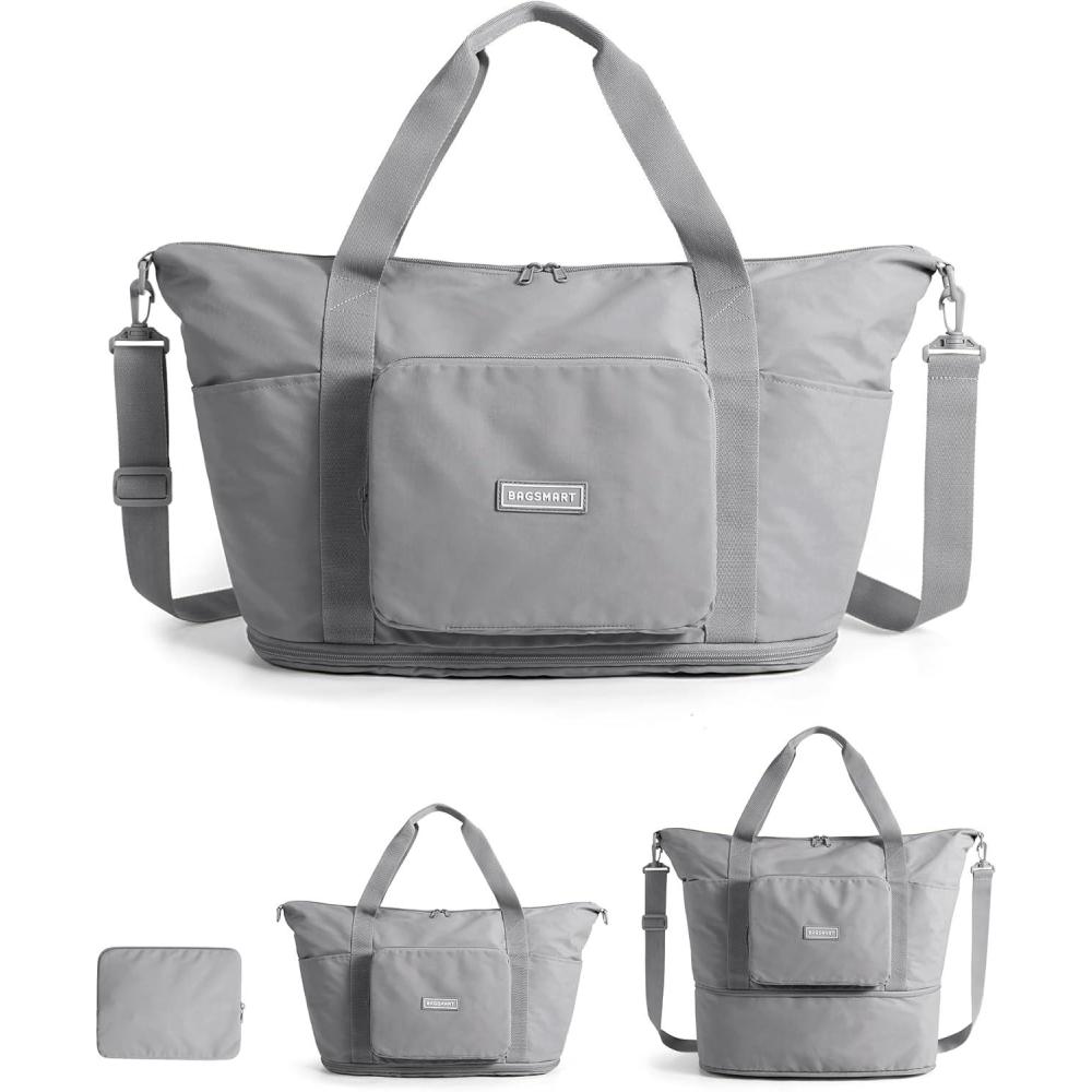 imageBAGSMART Foldable Travel Bag 37L Duffle Bag for Travel Expendable Carry on Weekender Duffel Lightweight Personal Item Bag CamelGrey