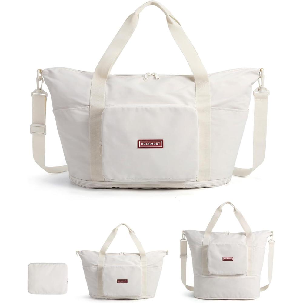 imageBAGSMART Foldable Travel Bag 37L Duffle Bag for Travel Expendable Carry on Weekender Duffel Lightweight Personal Item Bag CamelIvory White