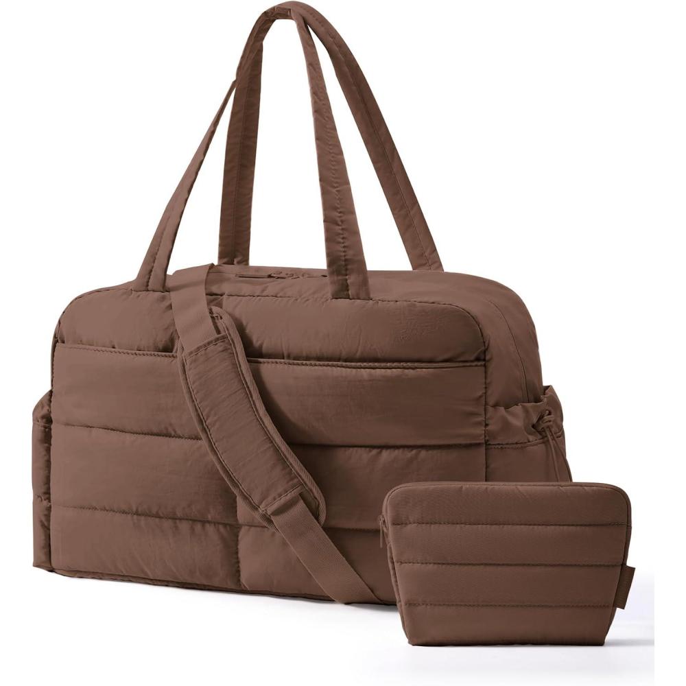 imageBAGSMART Gym Bag for Women Lightweight Puffer Duffle Bag 2PC Travel Bag 31L Weekender Overnight Bag Quilted Carry On Tote Bag Diaper Hospital Dance bag for Travel Gym Water Resistant PinkCoffee Brown
