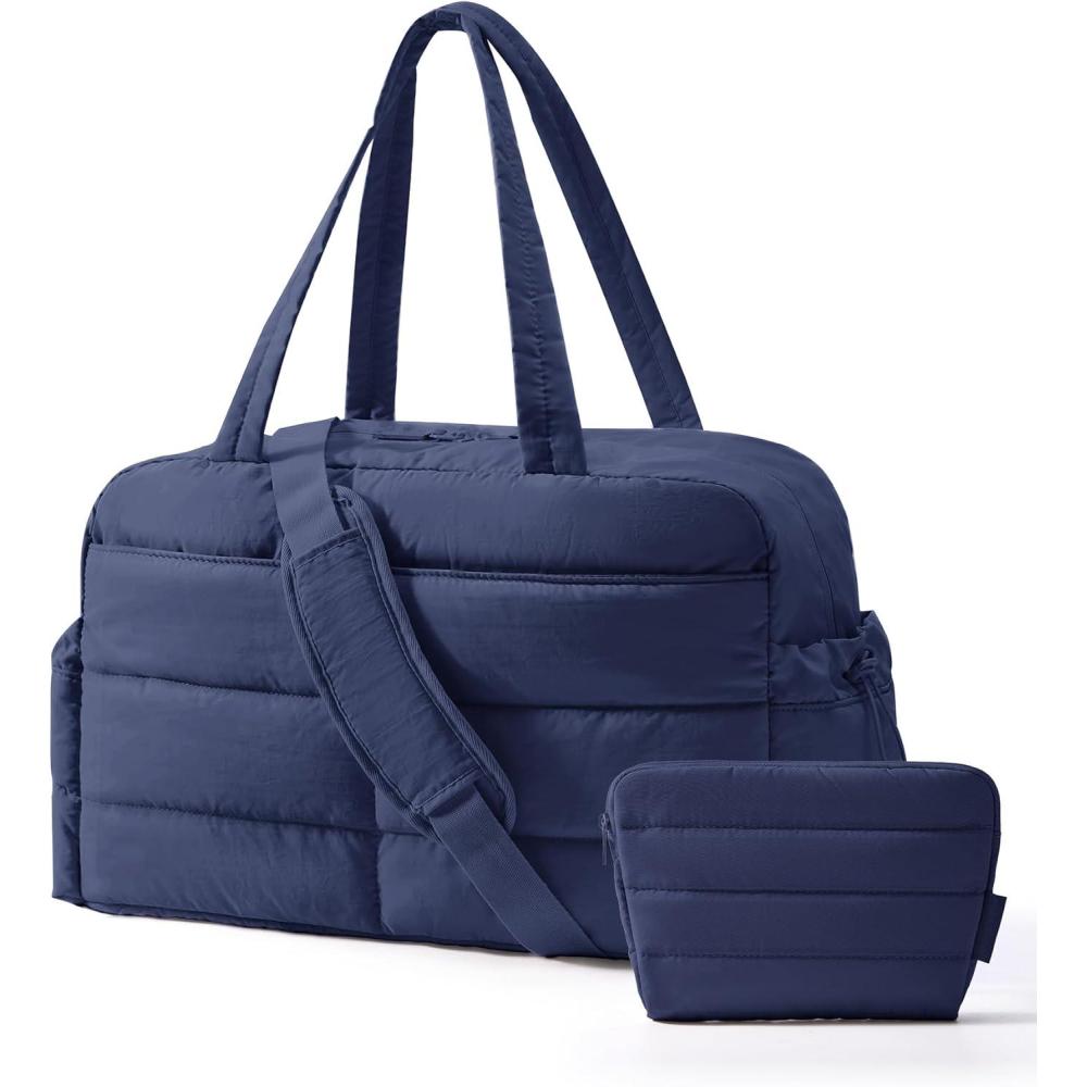 imageBAGSMART Gym Bag for Women Lightweight Puffer Duffle Bag 2PC Travel Bag 31L Weekender Overnight Bag Quilted Carry On Tote Bag Diaper Hospital Dance bag for Travel Gym Water Resistant PinkNavy Blue