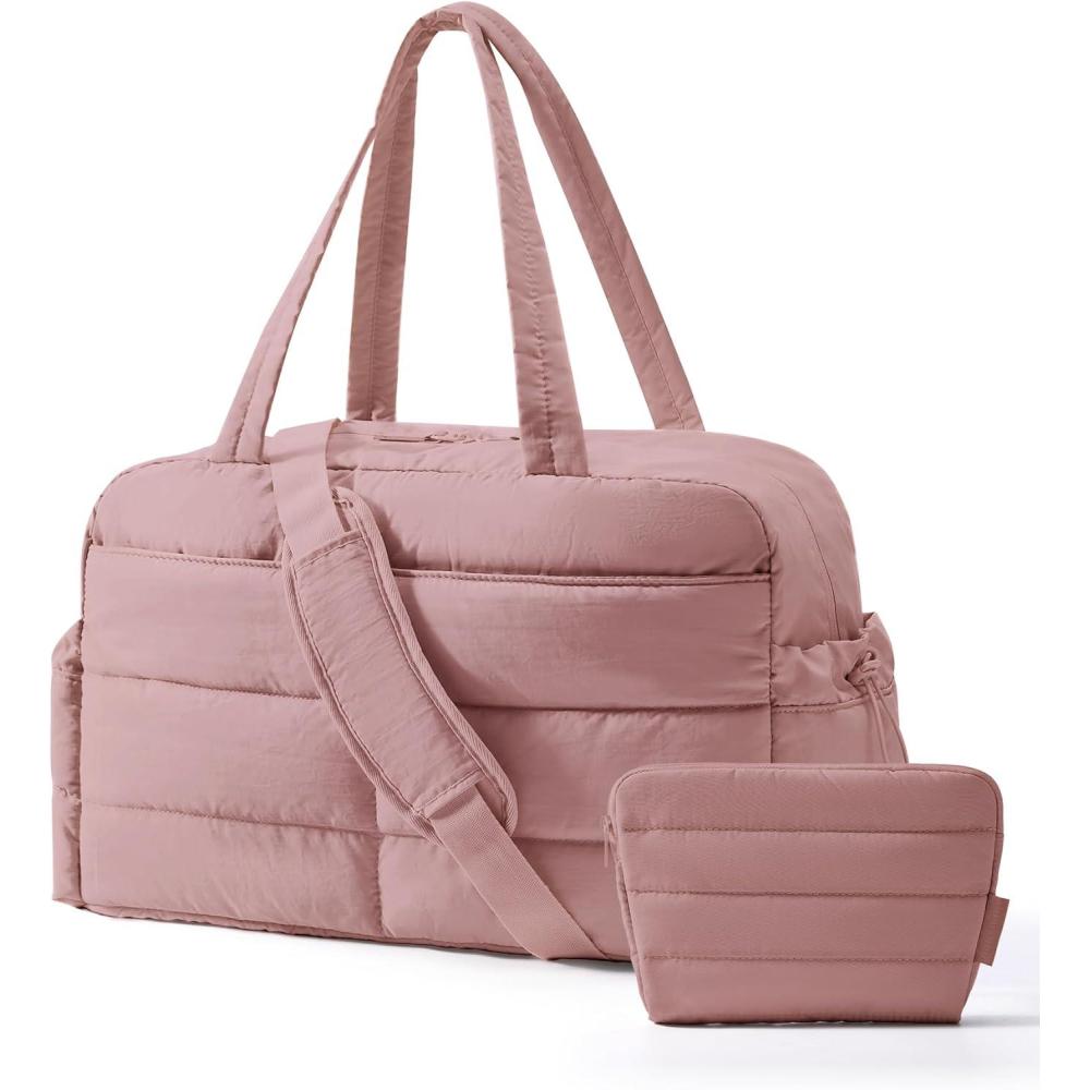 imageBAGSMART Gym Bag for Women Lightweight Puffer Duffle Bag 2PC Travel Bag 31L Weekender Overnight Bag Quilted Carry On Tote Bag Diaper Hospital Dance bag for Travel Gym Water Resistant PinkDull Pink