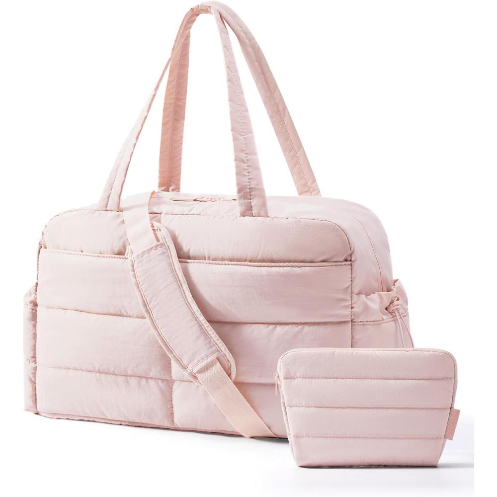 imageBAGSMART Gym Bag for Women Lightweight Puffer Duffle Bag 2PC Travel Bag 31L Weekender Overnight Bag Quilted Carry On Tote Bag Diaper Hospital Dance bag for Travel Gym Water Resistant PinkBaby Pink
