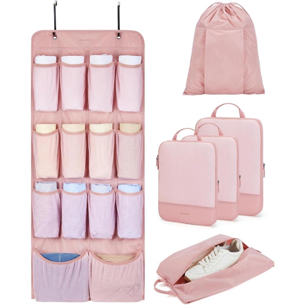 imageBAGSMART Hanging Compression Packing Cubes 6 Set Large Suitcase Organizer Bags Set Cruise Travel Essentials for Women  Hanging Compression Packing Cubes for WomenBaby Pink