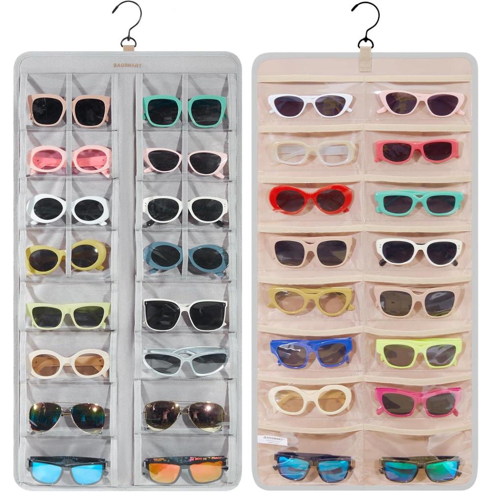 imageBAGSMART Hanging Jewelry Organizer Dust Proof Sunglasses Storage Case Wall Mounted Travel Dual Sided Glasses Case Multiple Pairs Eyeglasses Holder with 32 Clear Slots amp Metal Hook BlackGrey
