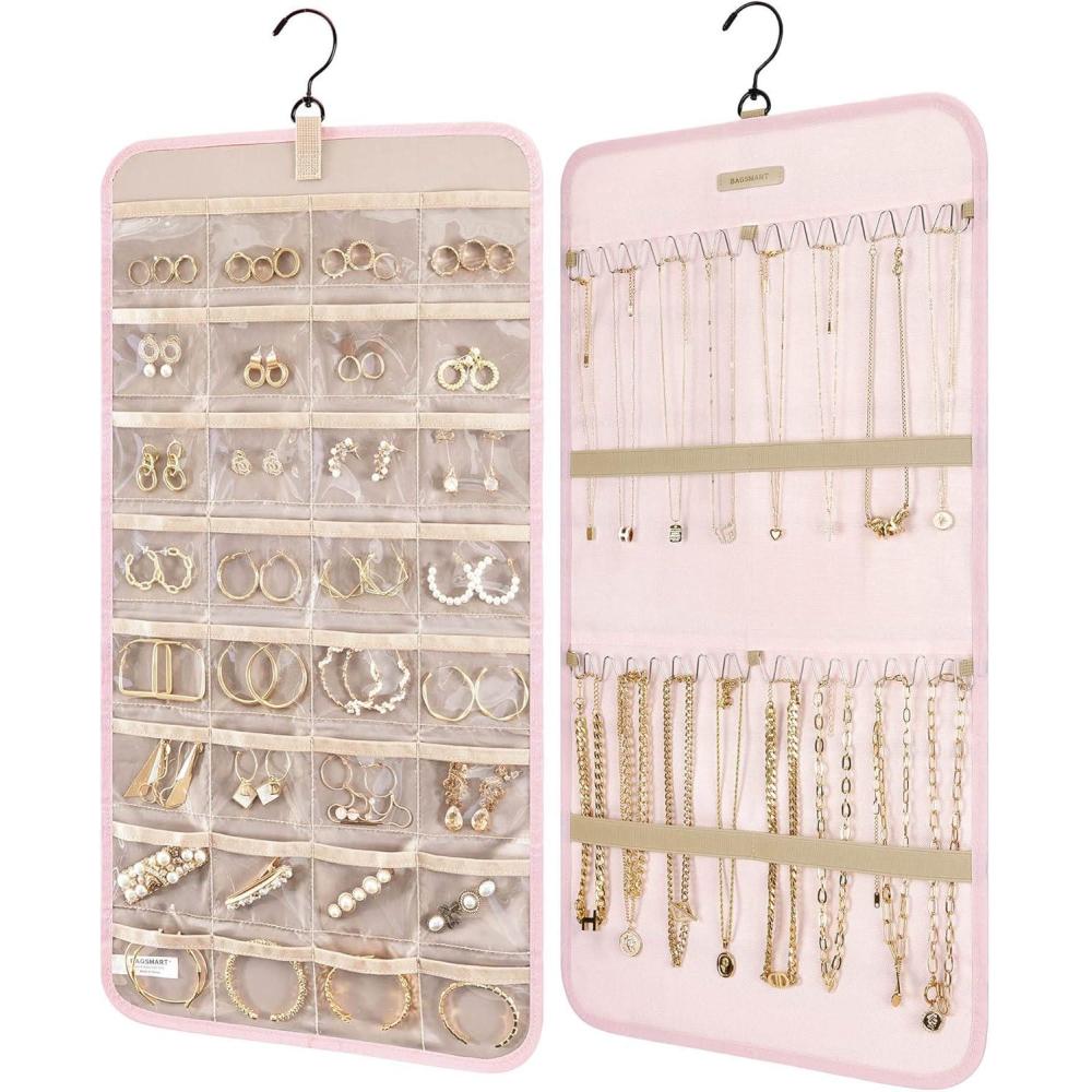 imageBAGSMART Hanging Jewelry Organizer Storage Roll with Hanger Metal Hooks DoubleSided Jewelry Holder for Earrings Necklaces Rings on Closet Wall Door 1 piece Large BlackPink