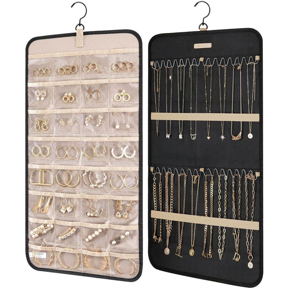 imageBAGSMART Hanging Jewelry Organizer Storage Roll with Hanger Metal Hooks DoubleSided Jewelry Holder for Earrings Necklaces Rings on Closet Wall Door 1 piece Large BlackBlack