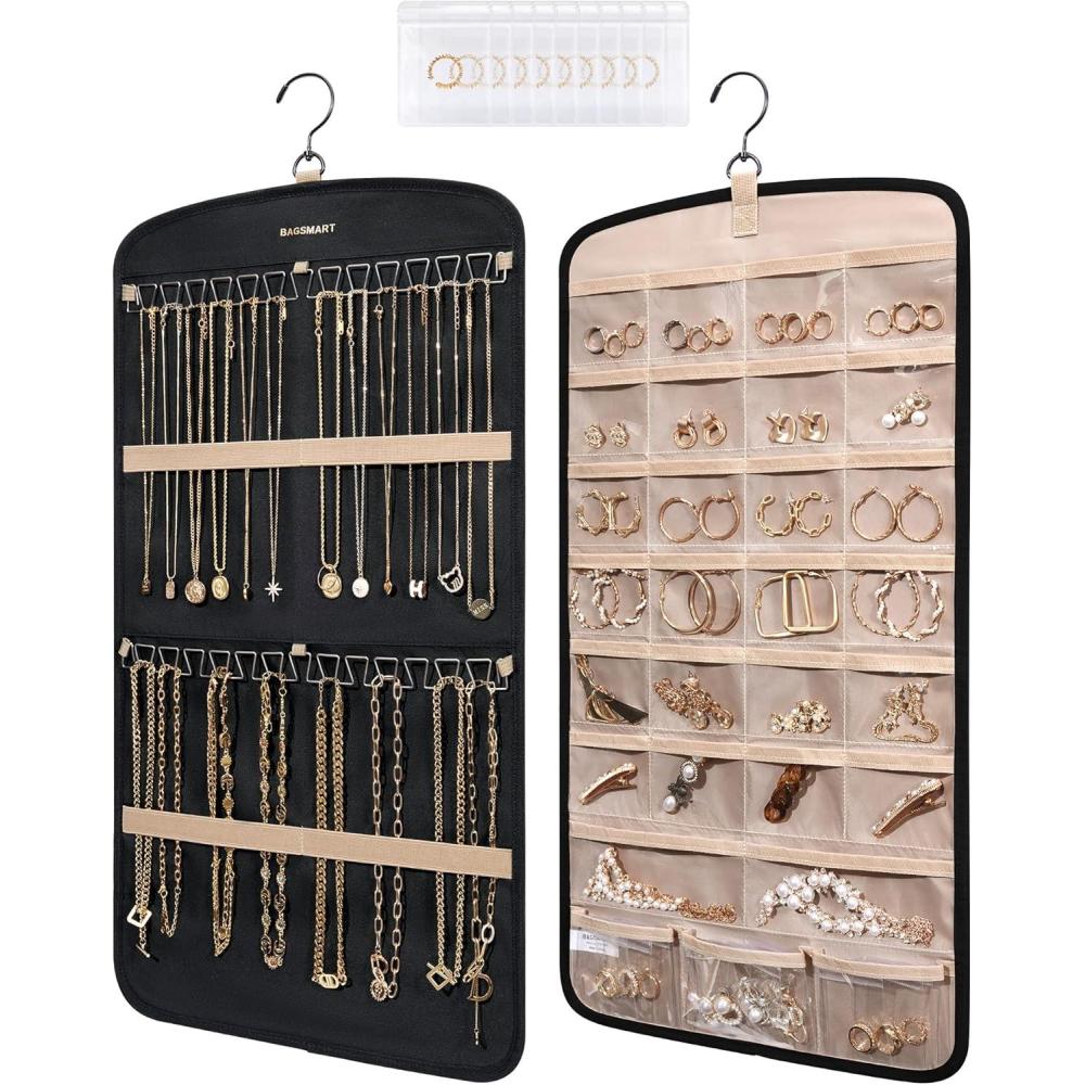 imageBAGSMART Hanging Jewelry Organizer Storage with Hanger Metal Hooks DoubleSided Jewelry Holder for Earrings Necklaces Rings on Closet Wall Door 1 piece Large BlackBlack
