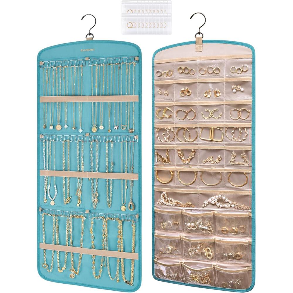imageBAGSMART Hanging Jewelry Organizer Storage with Hanger Metal Hooks DoubleSided Jewelry Holder for Earrings Necklaces Rings on Closet Wall Door 1 piece Large BlackTeal