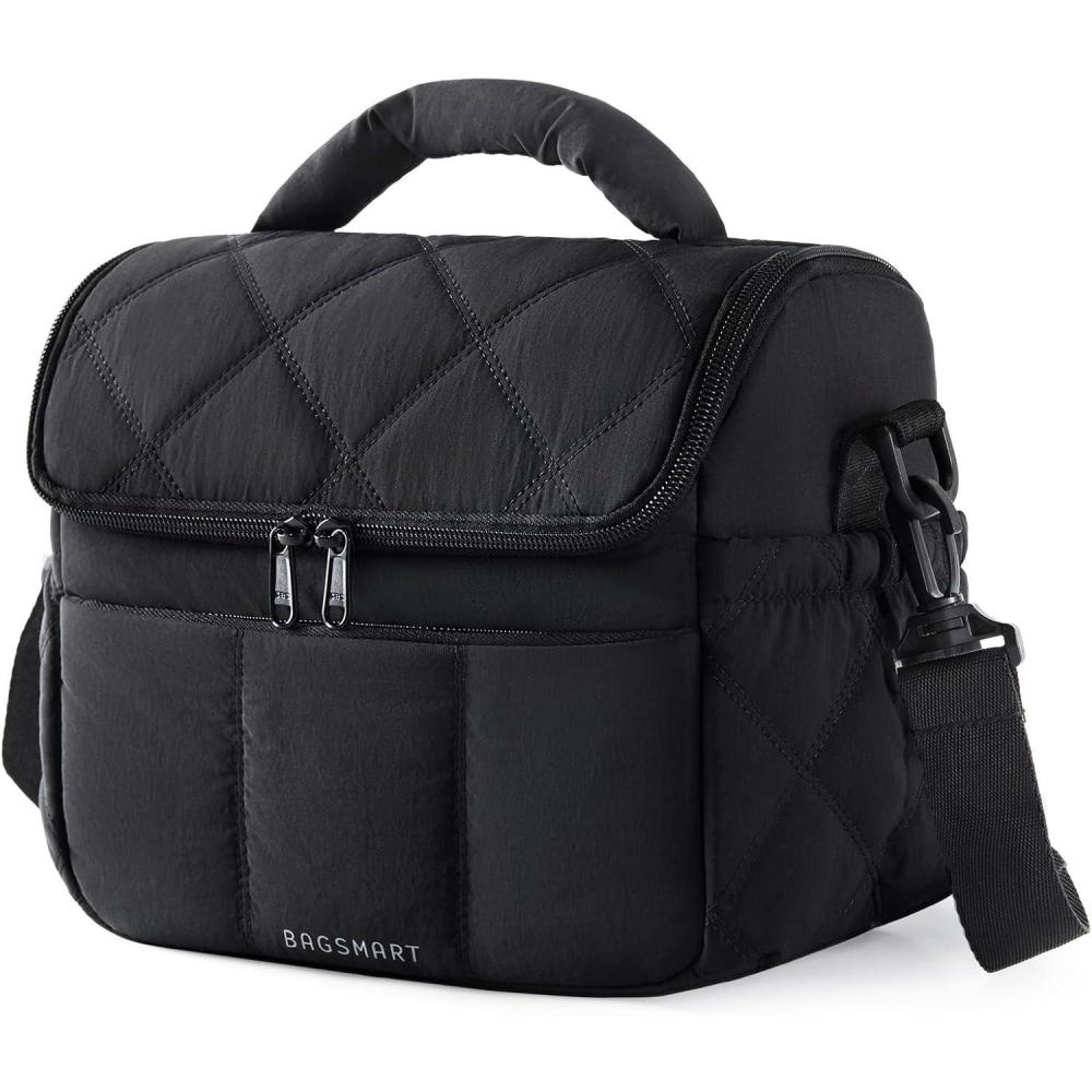 imageBAGSMART Insulated Lunch Bags for Women Cute Quilted Lunch Box Lightweight Puffy Padded Waterproof Lunch Tote Reusable Lunch Cooler for Work Picnic Travel BlackBlack