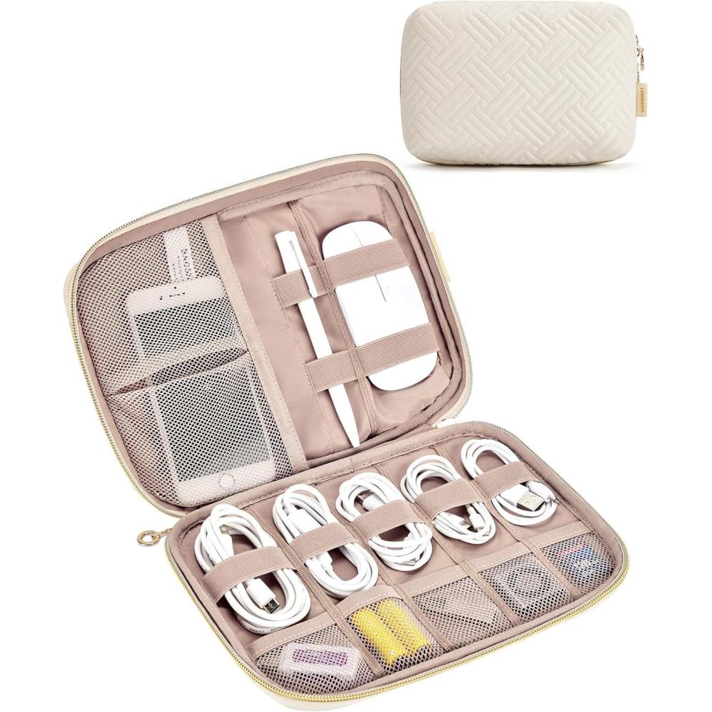 imageBAGSMART Large Electronics Organizer Travel Case Travel Essentials Cord Organizer Travel Cable Organizer Bag Travel Accessories for Women PinkCBeige