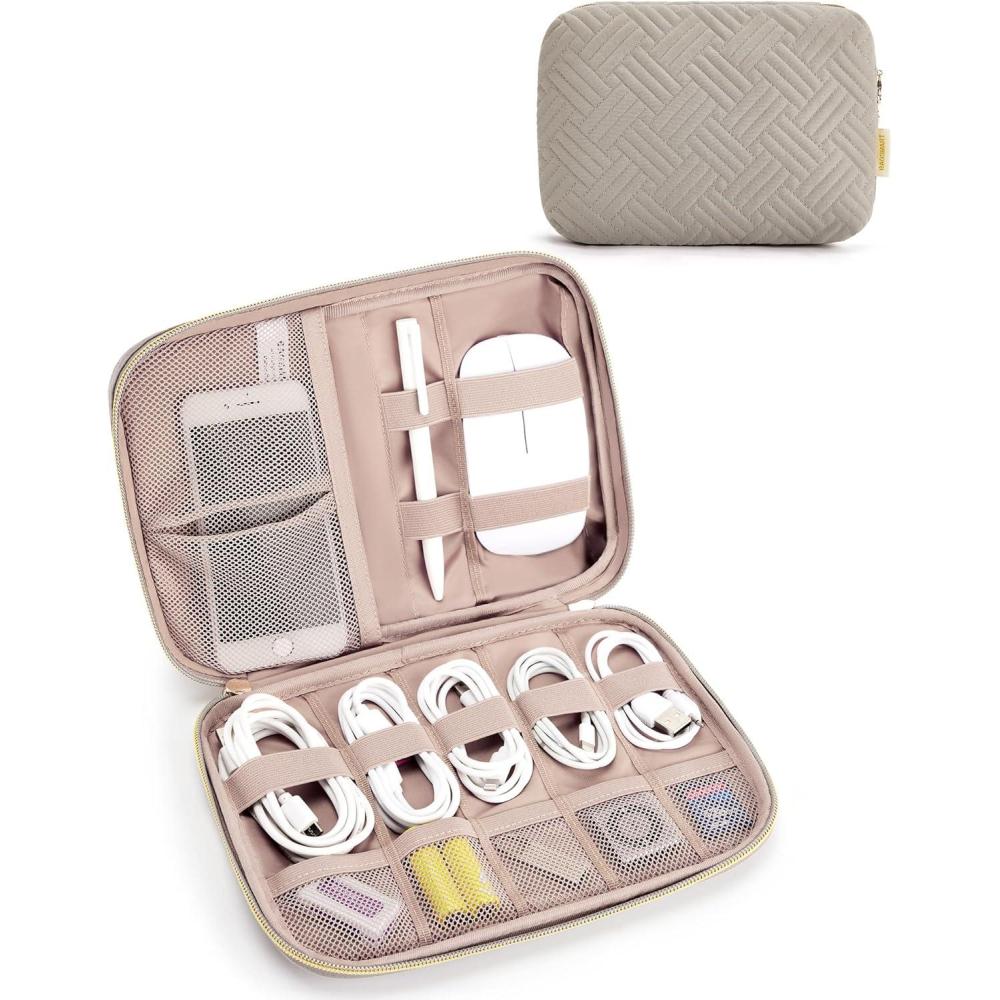 imageBAGSMART Large Electronics Organizer Travel Case Travel Essentials Cord Organizer Travel Cable Organizer Bag Travel Accessories for Women PinkFWarm Grey