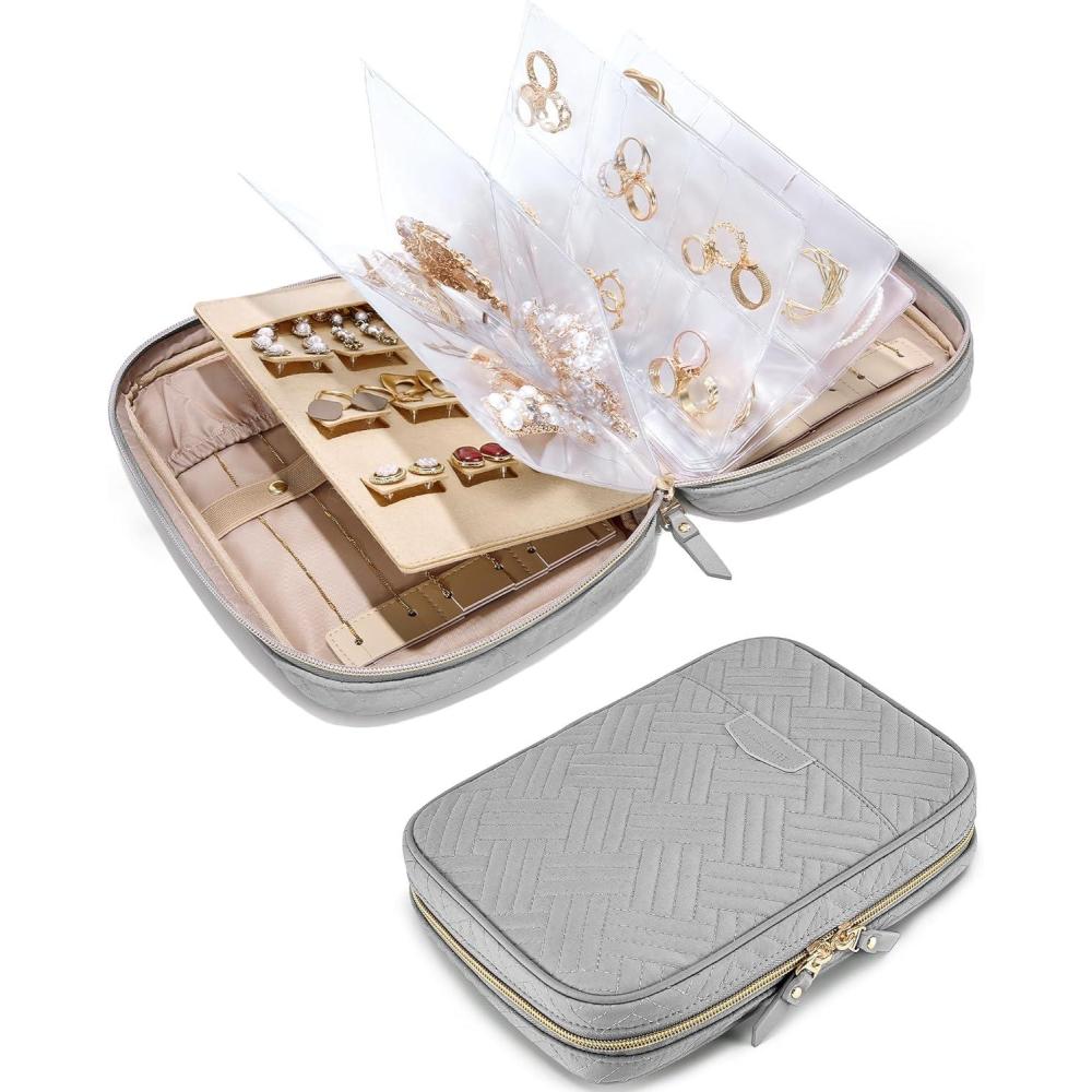 imageBAGSMART Large Jewelry Travel Organizer Case for Home Jewelry Organizer Storage Ring Binder Jewelry Bags Clear Jewelry Rolls Zipper Pouch Bag for Necklaces Earrings Rings Bracelets Pink06Grey