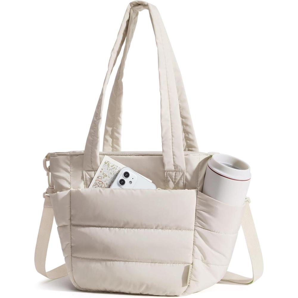 imageBAGSMART Lunch Bag Women Small Insulated Tote with Lunch Compartment Quilted Lightweight Puffy Tote Bag for Work Travel Outdoor Black05Beige