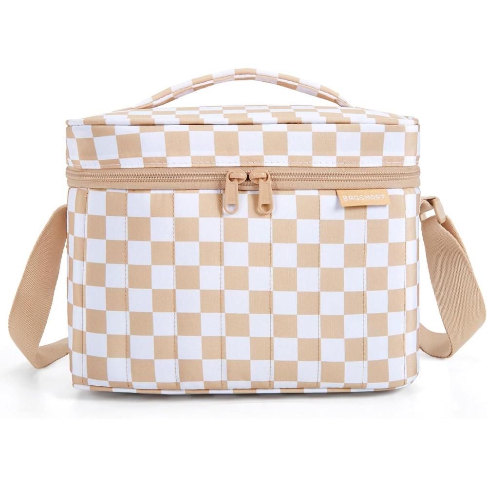 imageBAGSMART Lunch Box for Women Insulated Lunch Bag Cute Puffer Lunch Tote Bags Lightweight Quilted Reusable Cooler for Work School Picnic or Travel Dusky PinkKhaki