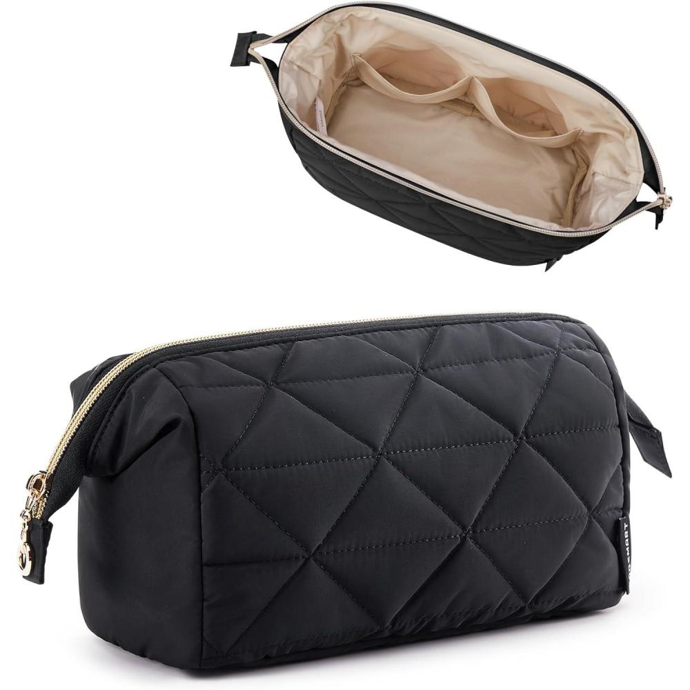 imageBAGSMART Makeup Bag Travel Makeup Bag Cute Puffy Make Up Bag Wideopen Cosmetic Bags for Women Small Makeup Pouch for Travel Essentials Toiletries Accessories BlackABlack