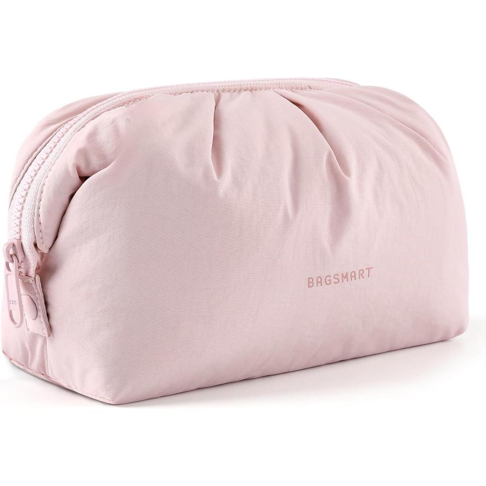 imageBAGSMART Makeup Bag Travel Toiletry Bag Cute Make Up Bag Large Capacity Cosmetic Bags for Women Wideopen Makeup Pouch Travel Essentials Toiletries Accessories Brushes PinkPink