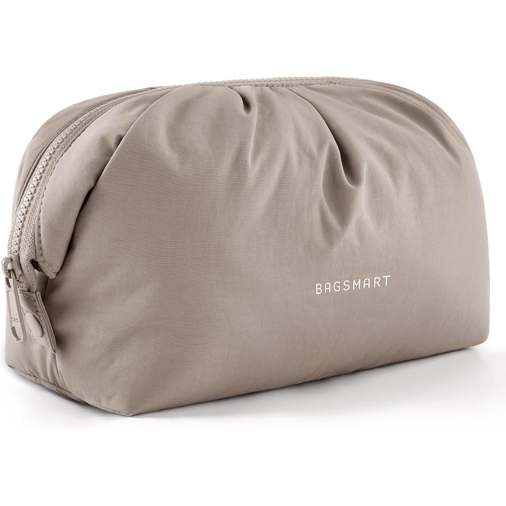 imageBAGSMART Makeup Bag Travel Toiletry Bag Cute Make Up Bag Large Capacity Cosmetic Bags for Women Wideopen Makeup Pouch Travel Essentials Toiletries Accessories Brushes PinkCamel