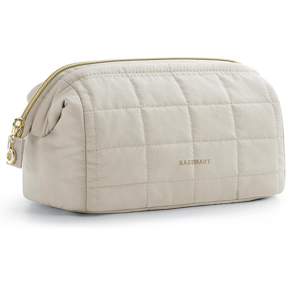 imageBAGSMART Makeup Bag Travel Toiletry Bag Puffy Padded Make Up Bags for Women Makeup Organizer Case Wideopen Pouch Purse Travel Essentials Toiletries Accessories Brushes Pink03Beige