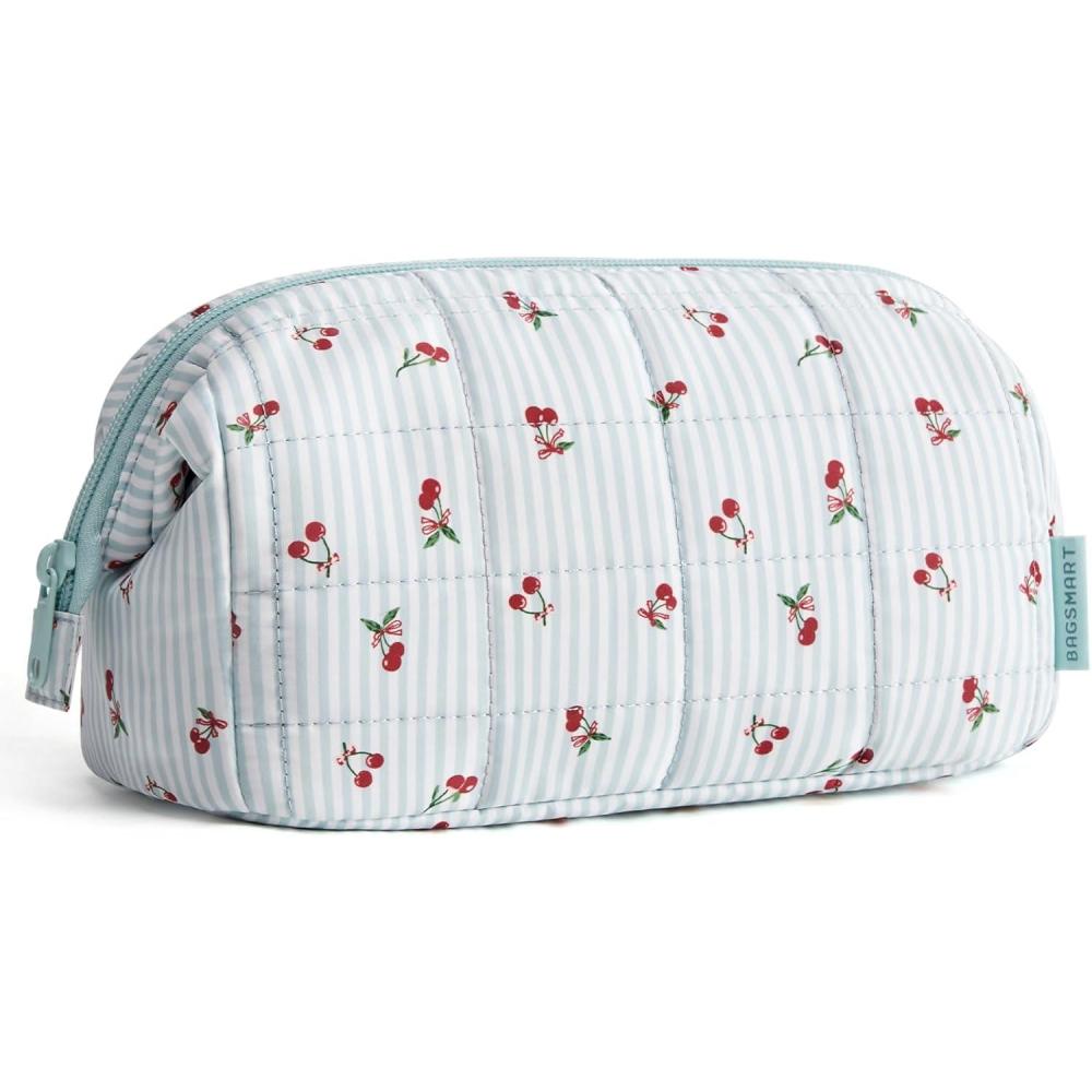 imageBAGSMART Makeup Bag Travel Toiletry Bag Puffy Padded Make Up Bags for Women Makeup Organizer Case Wideopen Pouch Purse Travel Essentials Toiletries Accessories Brushes Pink19Ditsy Cherry