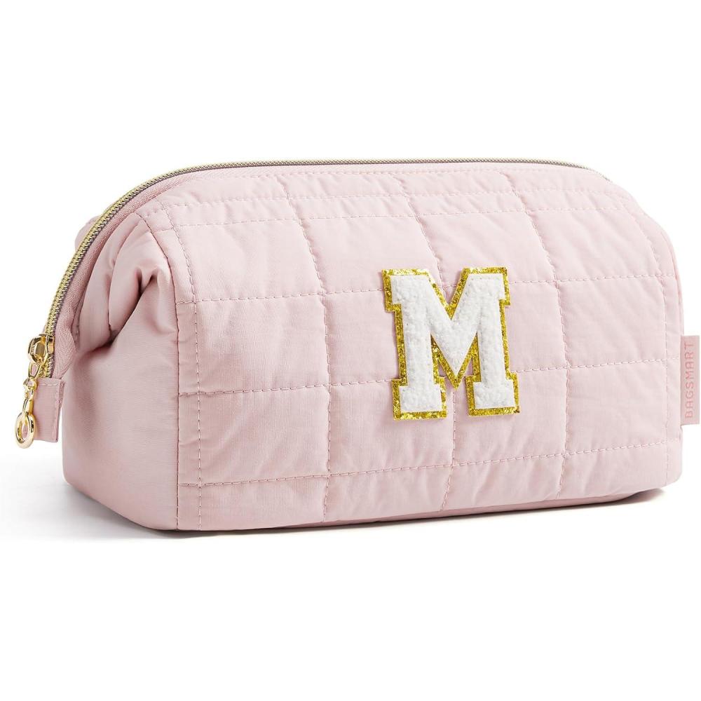 imageBAGSMART Makeup Bag Travel Toiletry Bag Puffy Padded Make Up Bags for Women Makeup Organizer Case Wideopen Pouch Purse Travel Essentials Toiletries Accessories Brushes Pink30Letter M