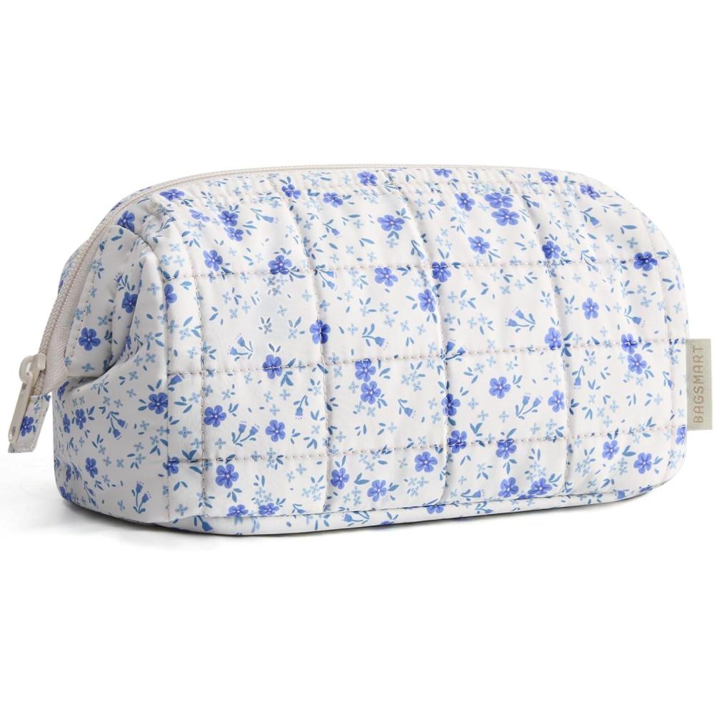 imageBAGSMART Makeup Bag Travel Toiletry Bag Puffy Padded Make Up Bags for Women Makeup Organizer Case Wideopen Pouch Purse Travel Essentials Toiletries Accessories Brushes Pink18Blue Ditsy Floral