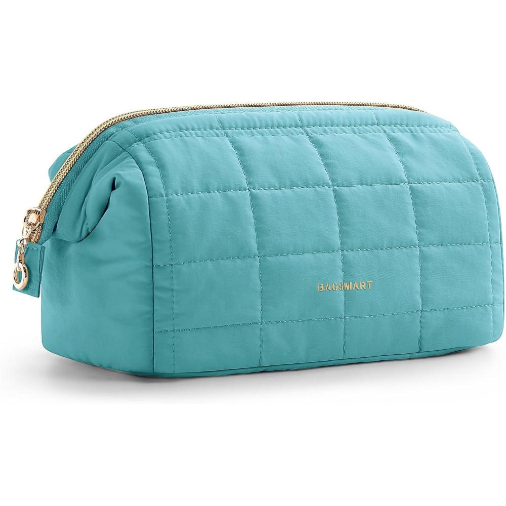 imageBAGSMART Makeup Bag Travel Toiletry Bag Puffy Padded Make Up Bags for Women Makeup Organizer Case Wideopen Pouch Purse Travel Essentials Toiletries Accessories Brushes Pink10Teal