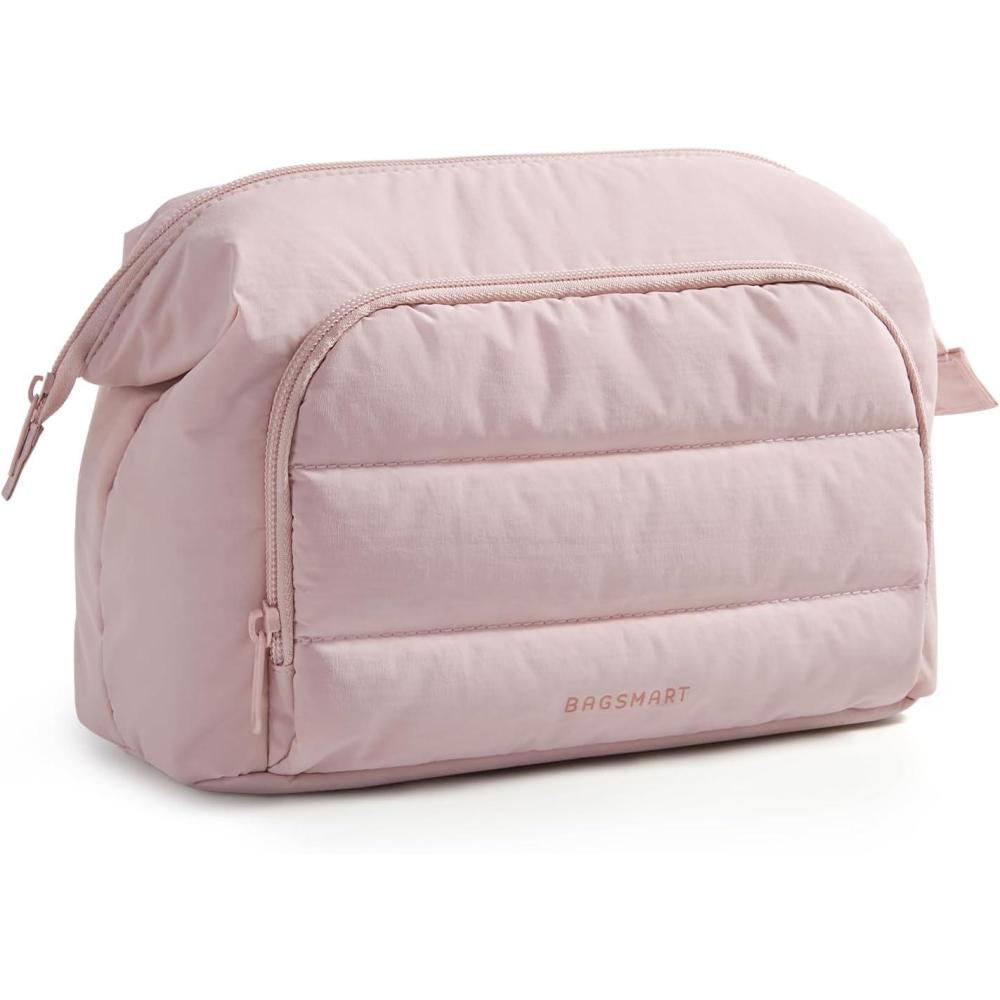 imageBAGSMART Makeup Bag Travel Toiletry Bag Puffy Padded Make Up Bags for Women Makeup Organizer Wideopen Pouch Purse Travel Essentials for Toiletries Accessories Brushes BlackPink