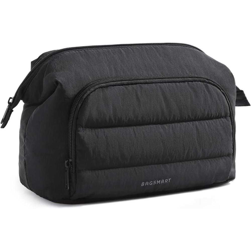 imageBAGSMART Makeup Bag Travel Toiletry Bag Puffy Padded Make Up Bags for Women Makeup Organizer Wideopen Pouch Purse Travel Essentials for Toiletries Accessories Brushes BlackBlack