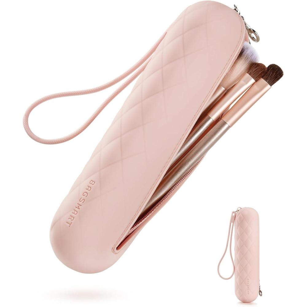 imageBAGSMART Makeup Brush Holder Bag Travel Small Makeup Bag for Purse Make Up Brush Bag Case Cosmetic Bag Silicone Soft Portable Face Brushes Travel Essentials Organizer Holder PinkAPink