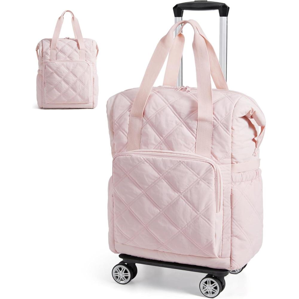 imageBAGSMART Rolling Duffle Bag with Wheels 35L Carry on Travel Bag with Detachable Wheels PVC Wet Pocket Duffel bag with Wheels BlackBaby Pink