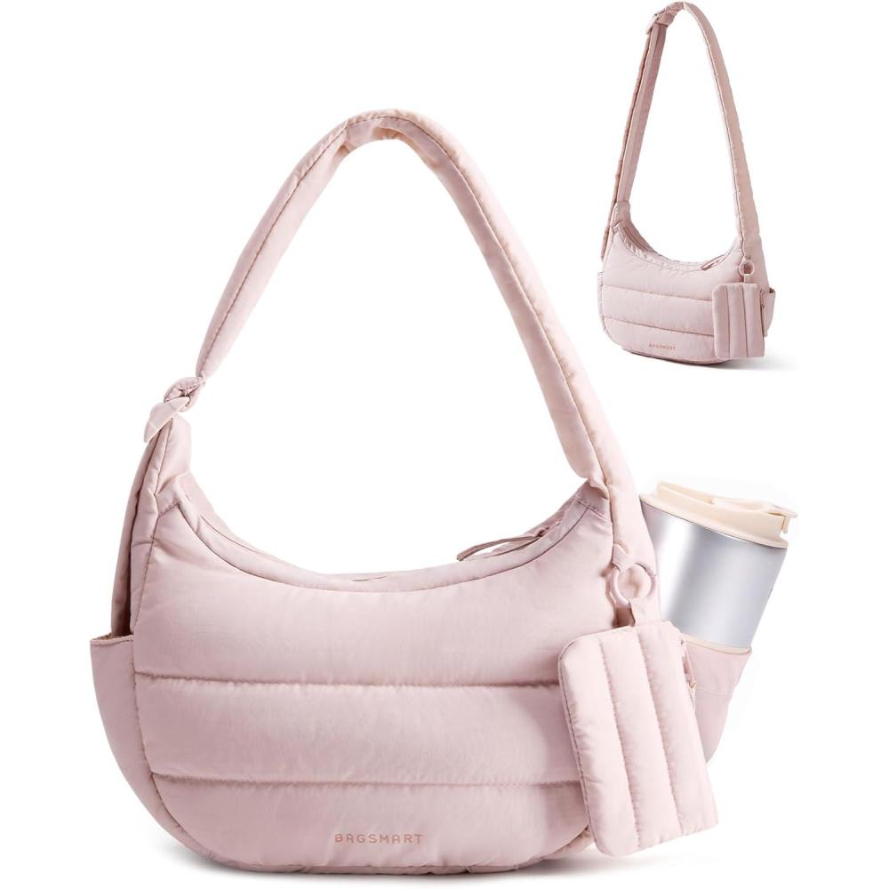 imageBAGSMART Shoulder Bag for Women Small Puffer Purses Crossbody Bag Lightweight Fluffy Hobo Handbag Puffy PouchPink