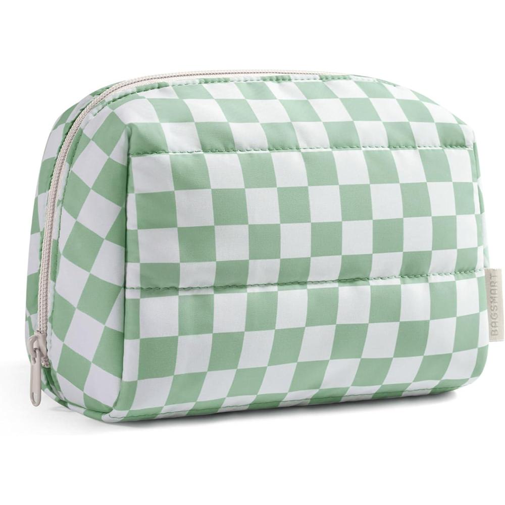 imageBAGSMART Small Makeup Bag Travel Cosmetic Bag Make Up Pouch Small Travel Zipper PouchWaterresistant Toiletry BagMakeup Organizer Bag for Women BlackGreen checkered