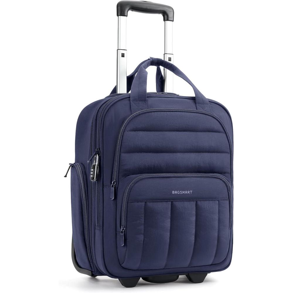 imageBAGSMART Small Underseat Carry on Luggage with Wheels 16inch Small Under Seat Luggage Lightweight Travel Luggage Travel Suitcase for Women Personal Item Bag BrownNavy Blue