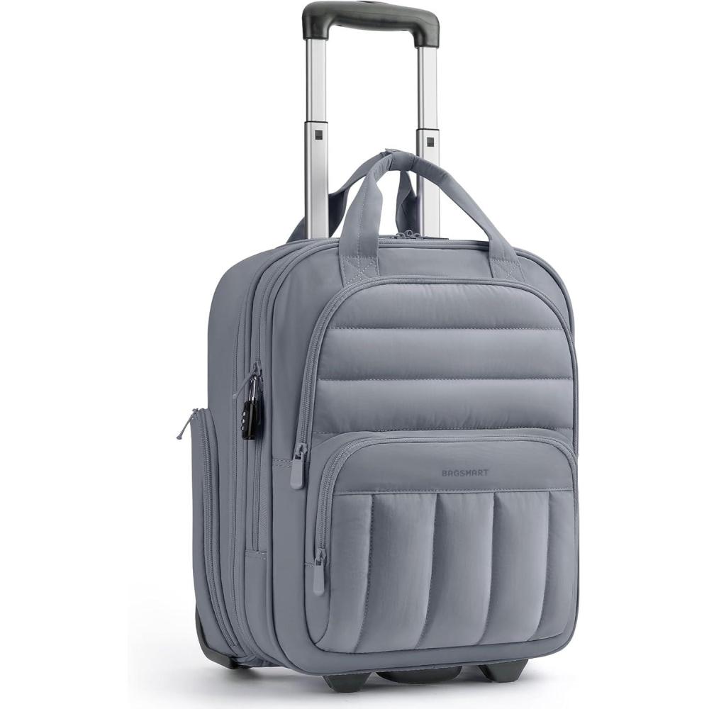 imageBAGSMART Small Underseat Carry on Luggage with Wheels 16inch Small Under Seat Luggage Lightweight Travel Luggage Travel Suitcase for Women Personal Item Bag BrownDark Gray