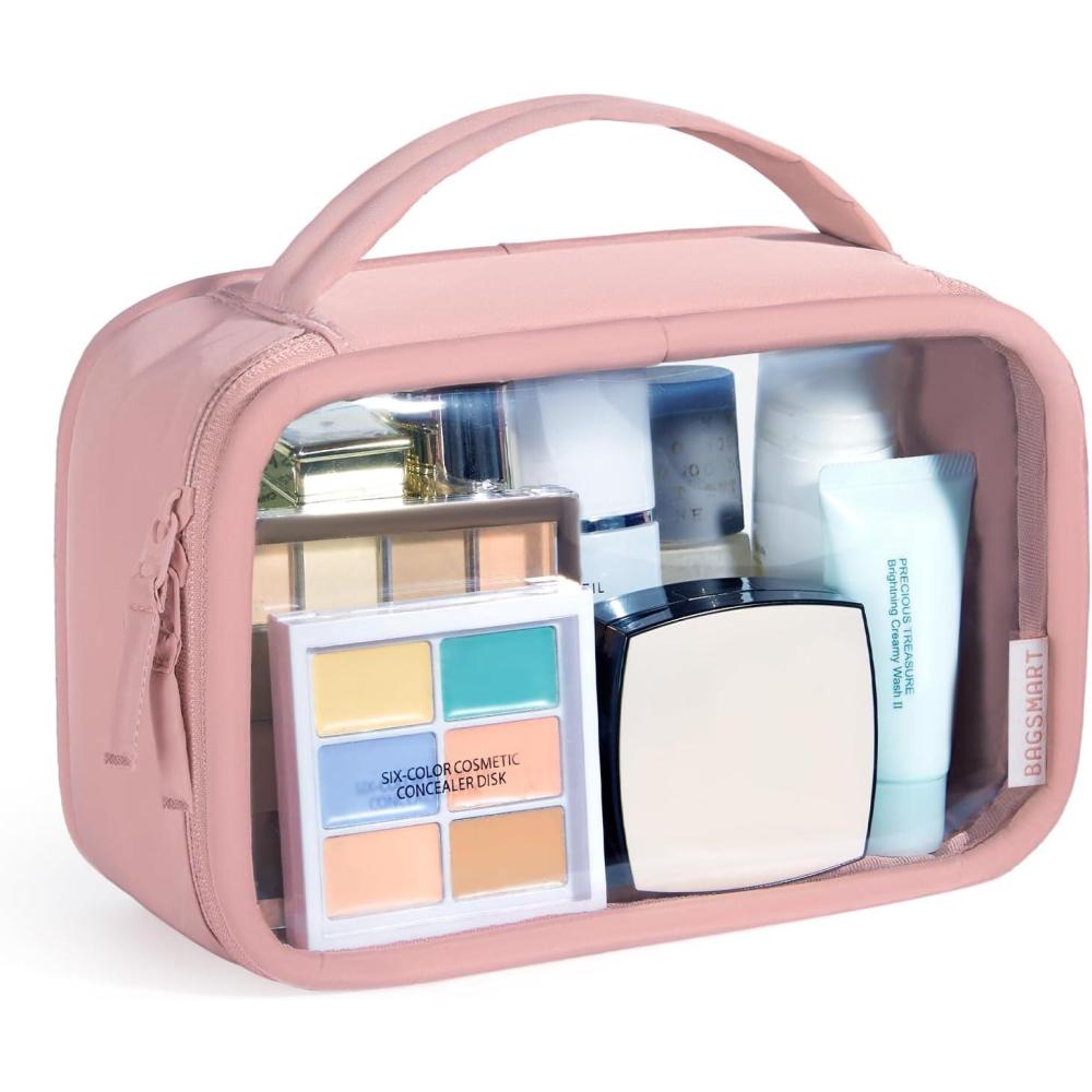 imageBAGSMART TSAApproved Toiletry Bag Large Opening Clear Makeup Bag with Handle Quart Sized Travel Toiletry Bag CarryOn Airline Compliant for Men and Women BlackBlush Pink