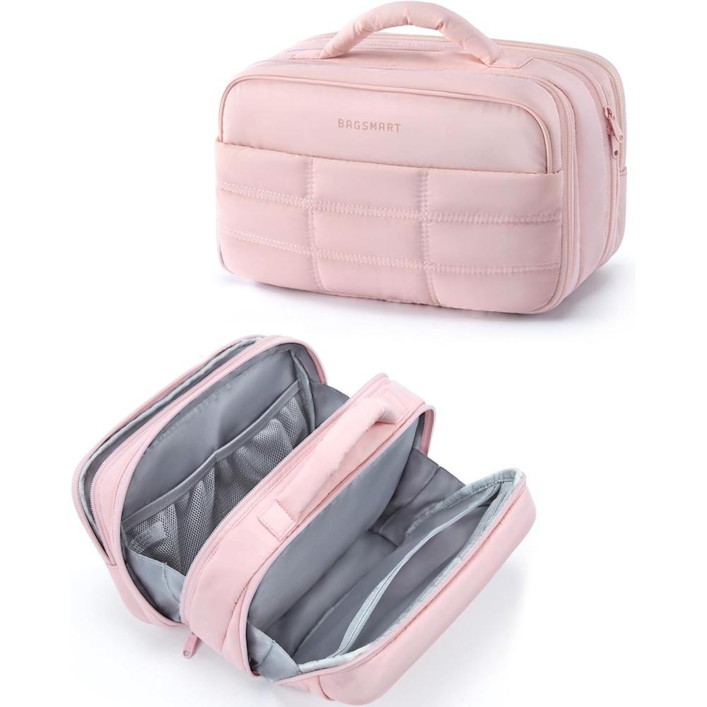 imageBAGSMART Toiletry Bag for Women Travel Makeup Bag Wideopen Portable Make Up Bag Organizer for Women for Travel Essentials TravelSize Toiletries Accessories Bottles Brushes Pink