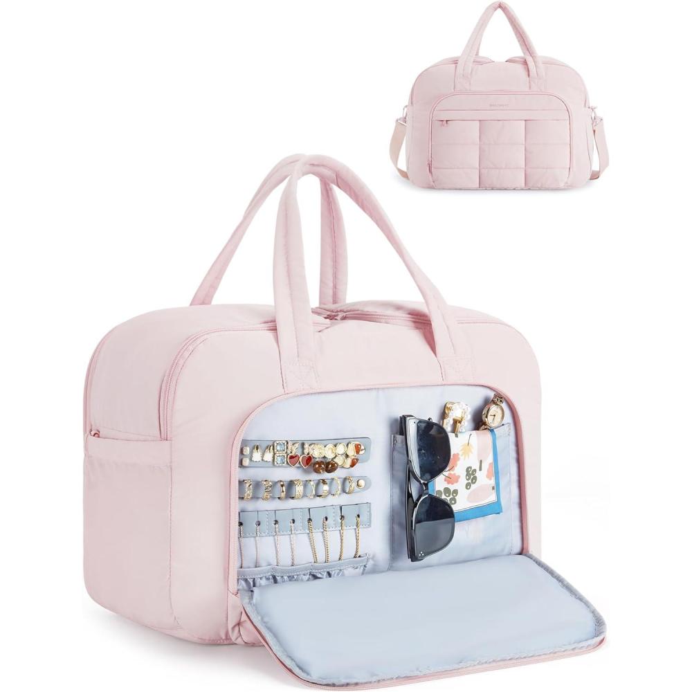 imageBAGSMART Travel Duffel Bag Carry on Travel Bag with Jewelry Compartment 35L Weekender Duffle for Women Water Resistant BlackPink