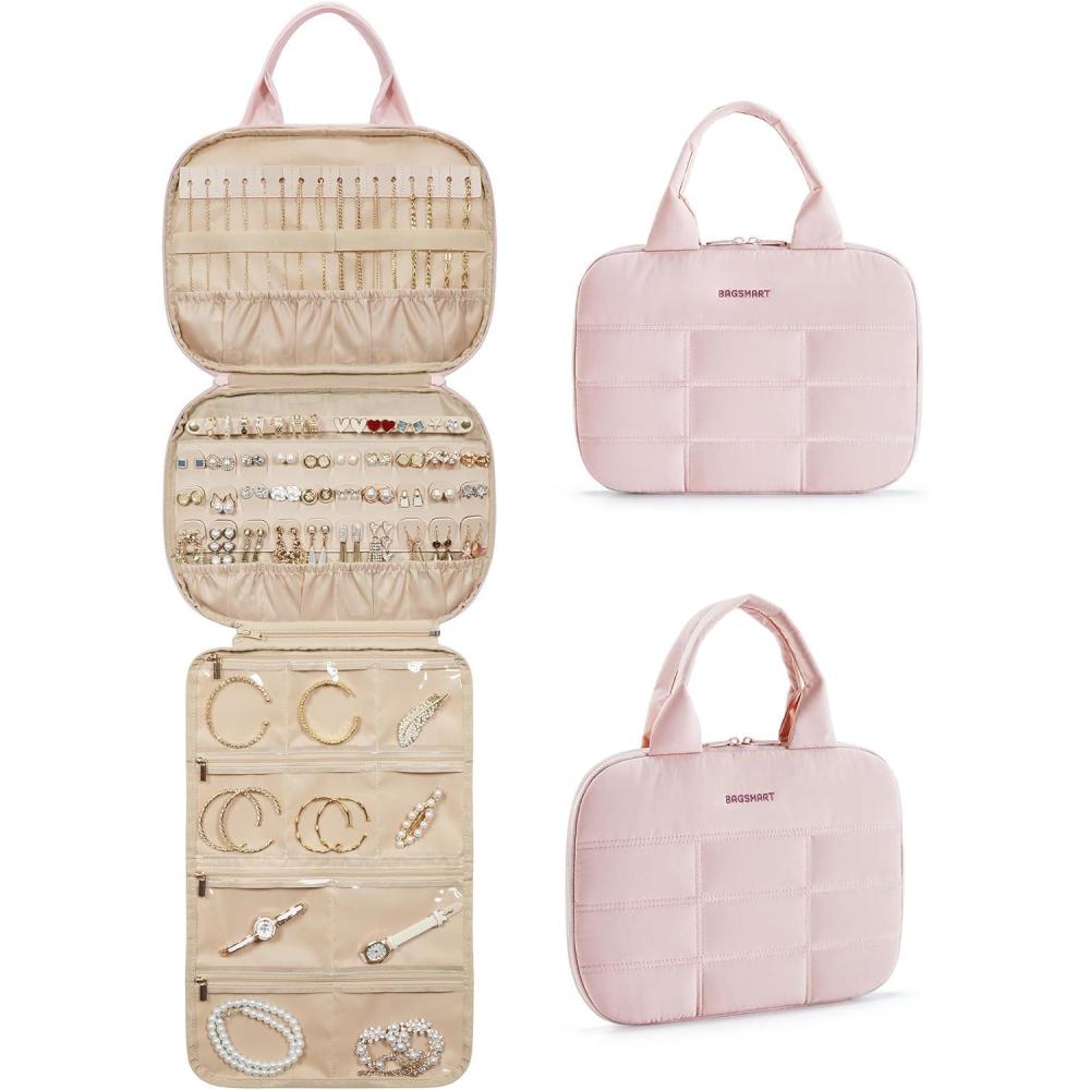 imageBAGSMART Travel Jewelry Case Hanging Jewelry Organizer with Zipper Pockets Large Capacity Puffy Jewelry Roll for Earrings Necklaces Rings on Closet Wall Door Portable Travel Essentials PinkPink