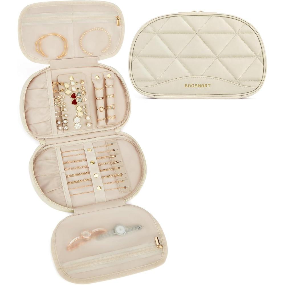 imageBAGSMART Travel Jewelry Case Jewelry Organizer Storage Roll Rings Necklaces Earrings Bracelets Brooches Watch Large Portable Light PinkABeige