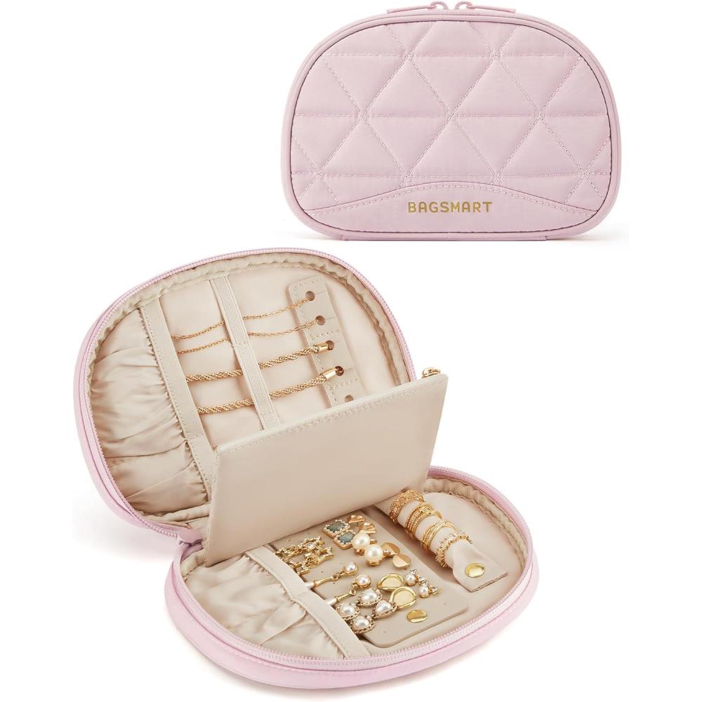 imageBAGSMART Travel Jewelry Case Jewelry Organizer Storage Roll Rings Necklaces Earrings Bracelets Brooches Watch Large Portable Light PinkBLight Pink