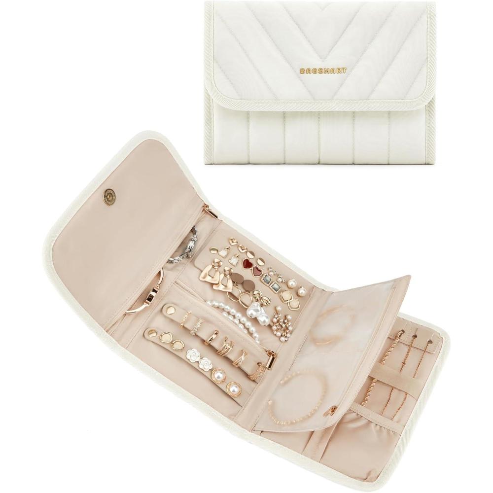 imageBAGSMART Travel Jewelry Organizer Case Foldable Jewelry Roll for Necklaces Earrings JourneyRings Bracelets Brooches Portable PinkABeige