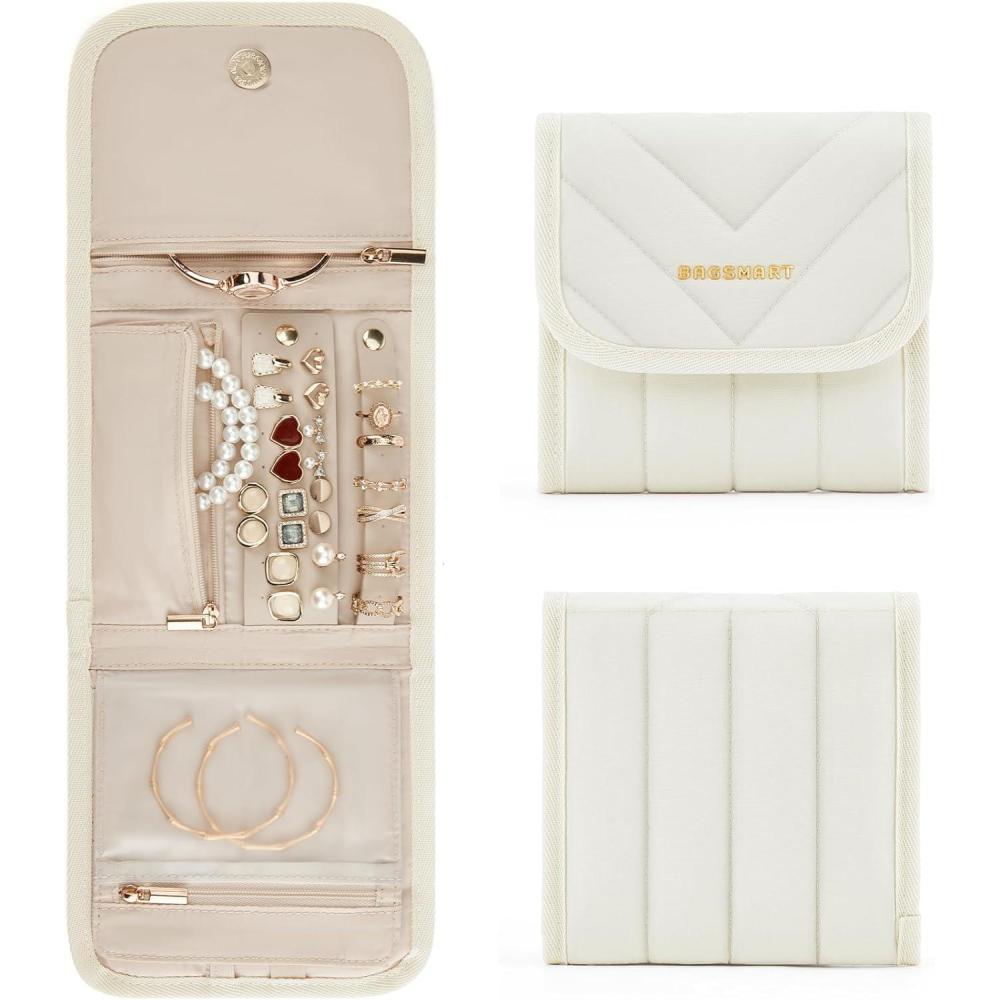 imageBAGSMART Travel Jewelry Organizer Case Foldable Jewelry Roll for Necklaces Earrings JourneyRings Bracelets Brooches Portable PinkBBeige