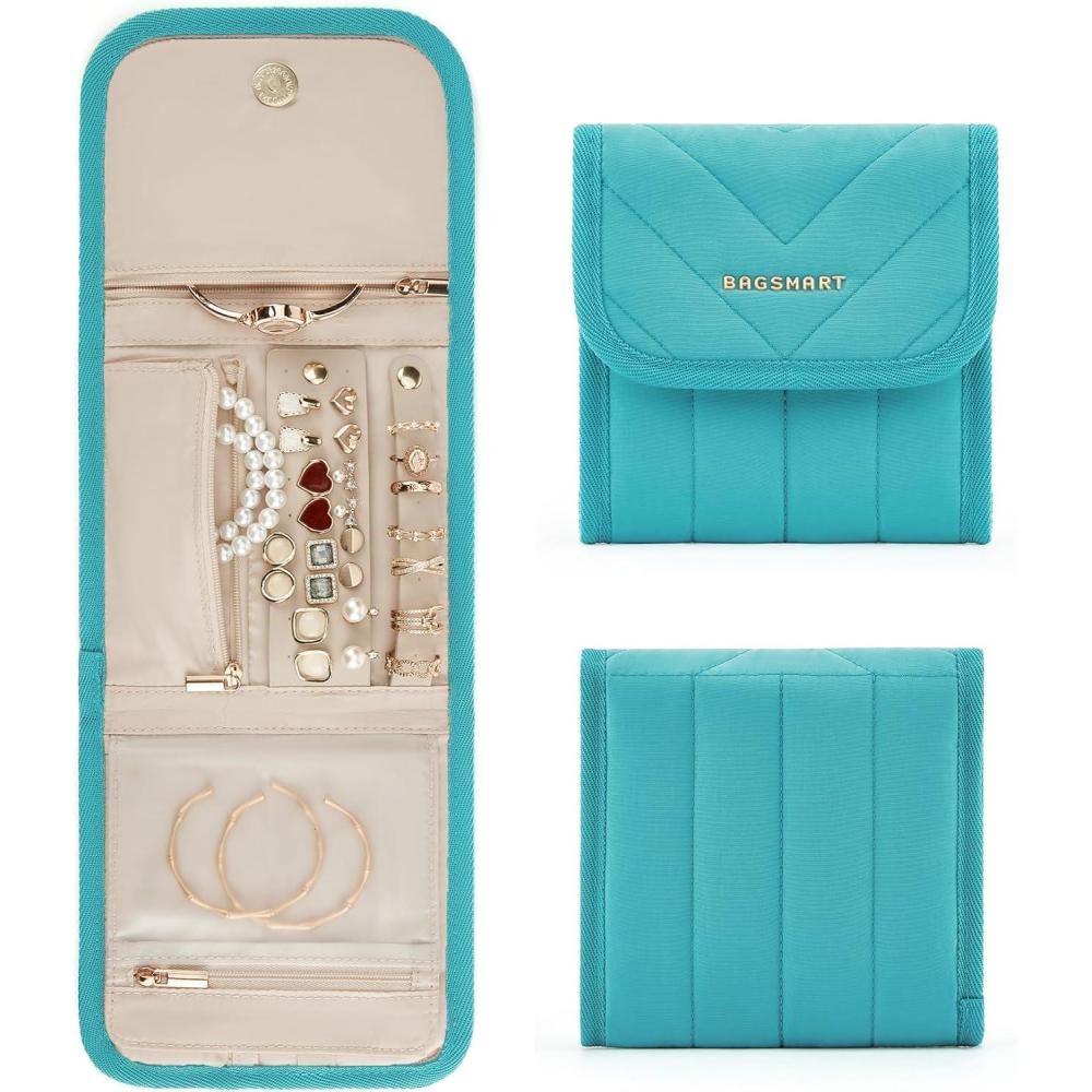 imageBAGSMART Travel Jewelry Organizer Case Foldable Jewelry Roll for Necklaces Earrings JourneyRings Bracelets Brooches Portable PinkBGreen
